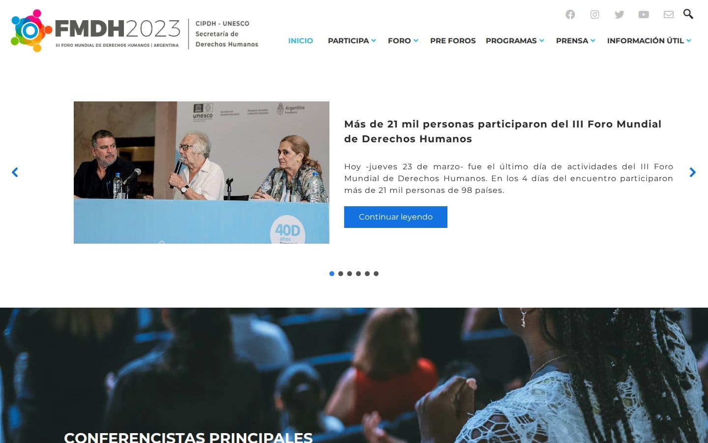 Captura archivada de la portada de fmdh23.org (abril de 2023): el logo del Foro junto a CIPDH-UNESCO y la Secretaría de Derechos Humanos, y el anuncio «Más de 21 mil personas participaron del III Foro Mundial de Derechos Humanos».
