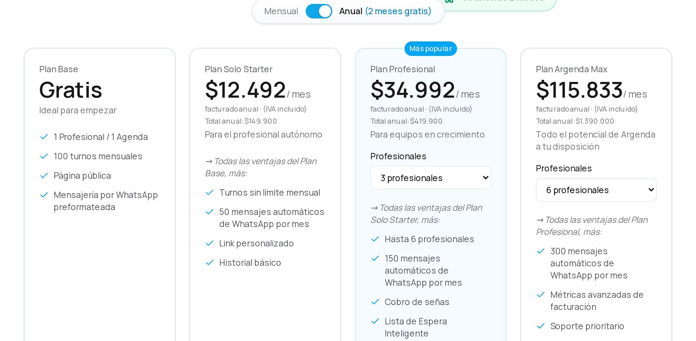 Página de planes de Argenda con precios y beneficios
