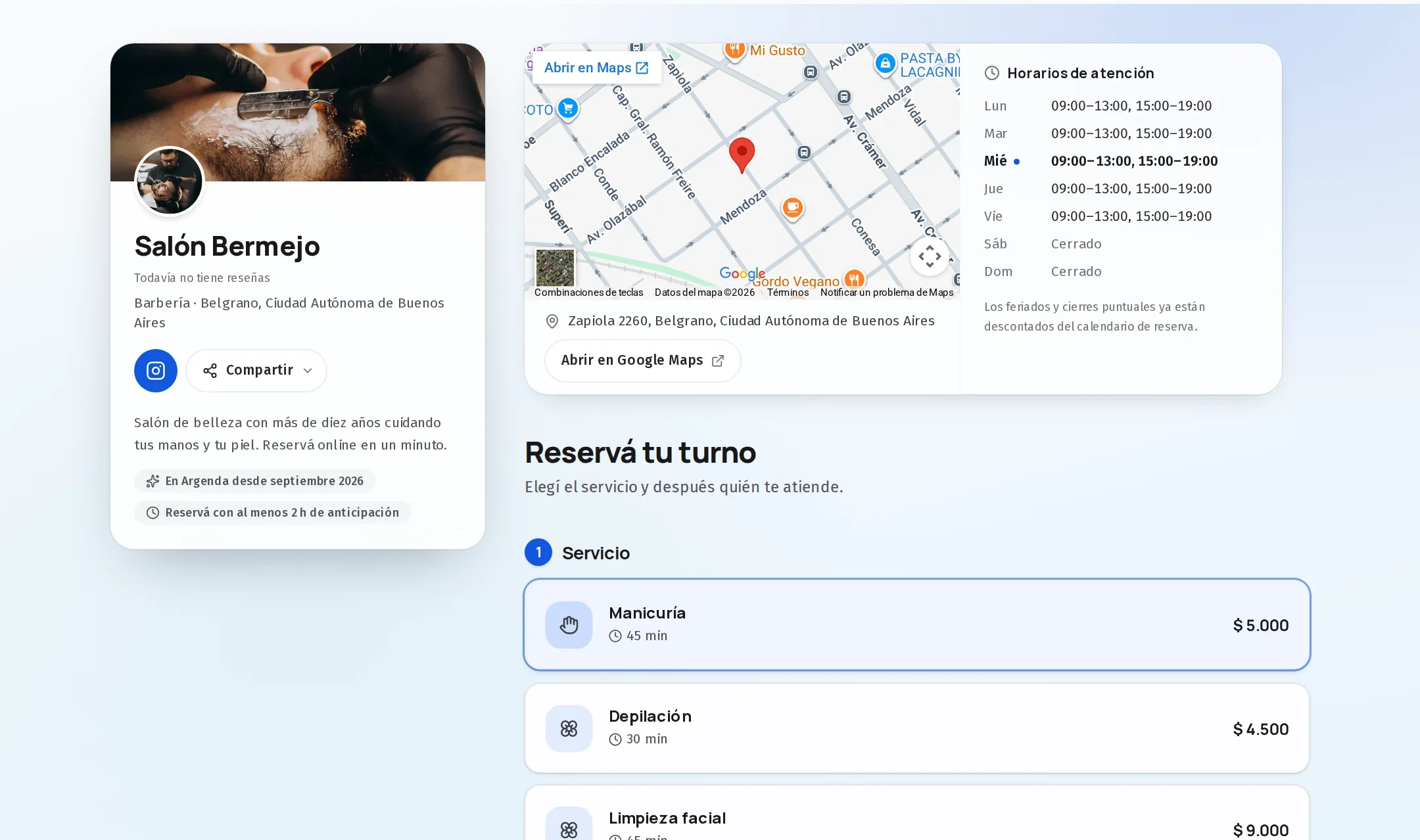 Sitio de reservas de un comercio hecho con Argenda