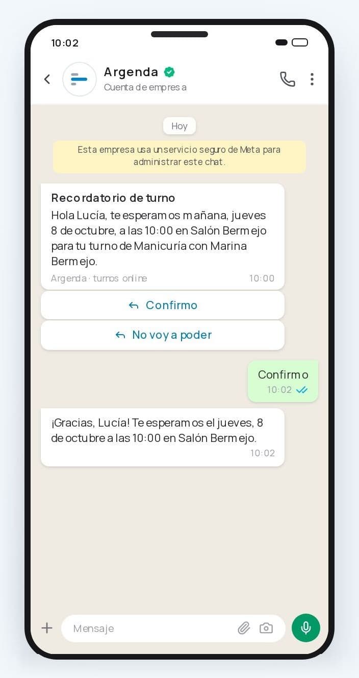 Recordatorio de turno por WhatsApp con botones para confirmar o cancelar