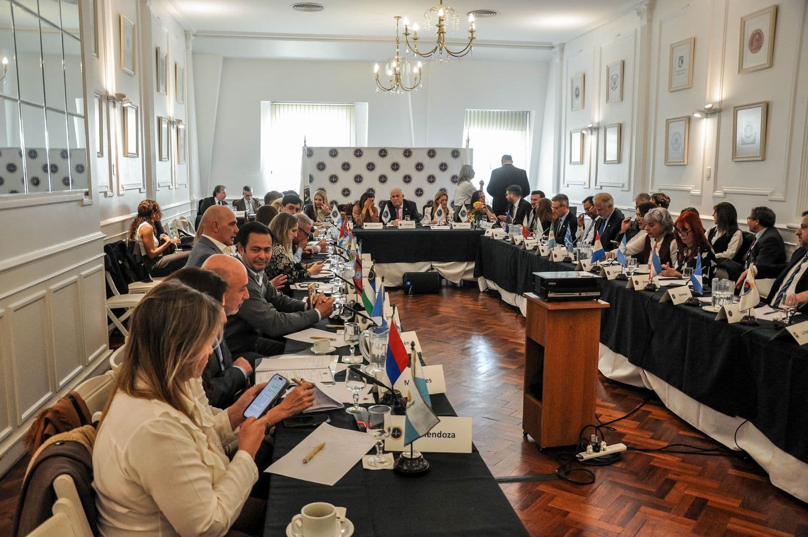 Un plenario federal en curso: la mesa en U con la bandera y el cartel de cada provincia, bajo arañas de cristal.