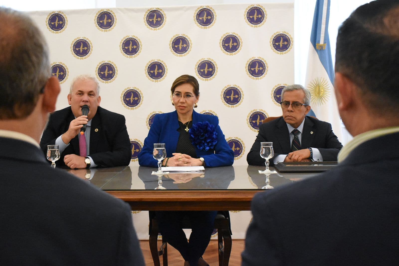 El presidente del Consejo habla al micrófono en una reunión con una delegación internacional, frente al telón del CFNA.
