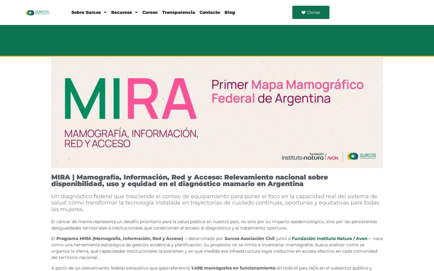 Captura de la página de MIRA en surcos.org: el logo del programa, el título «Primer Mapa Mamográfico Federal de Argentina», los logos de Fundación Instituto Natura / Avon y de Surcos, y el comienzo del texto que presenta el relevamiento.