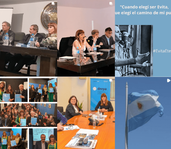 Grilla de Instagram antes del trabajo: fotos de actos, collages, una placa con una foto de archivo de Evita y una bandera argentina, sin un estilo común.
