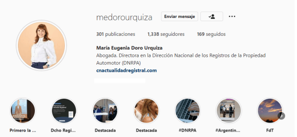 Perfil de Instagram antes: 1.338 seguidores, una bio con su cargo en la DNRPA y destacadas con fotos.