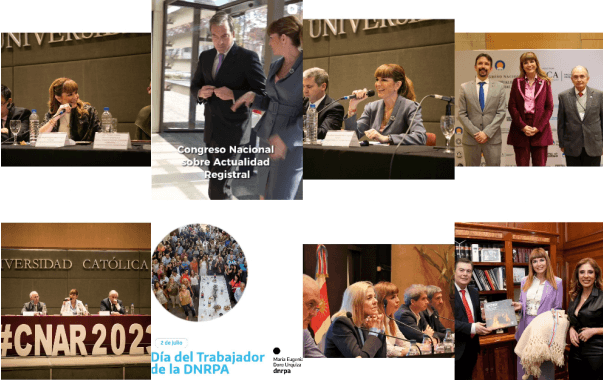 Grilla de Instagram después: fotos de congresos con un tratamiento parejo, una portada del Congreso Nacional e Internacional de Actualidad Registral y una placa del Día del Trabajador de la DNRPA.